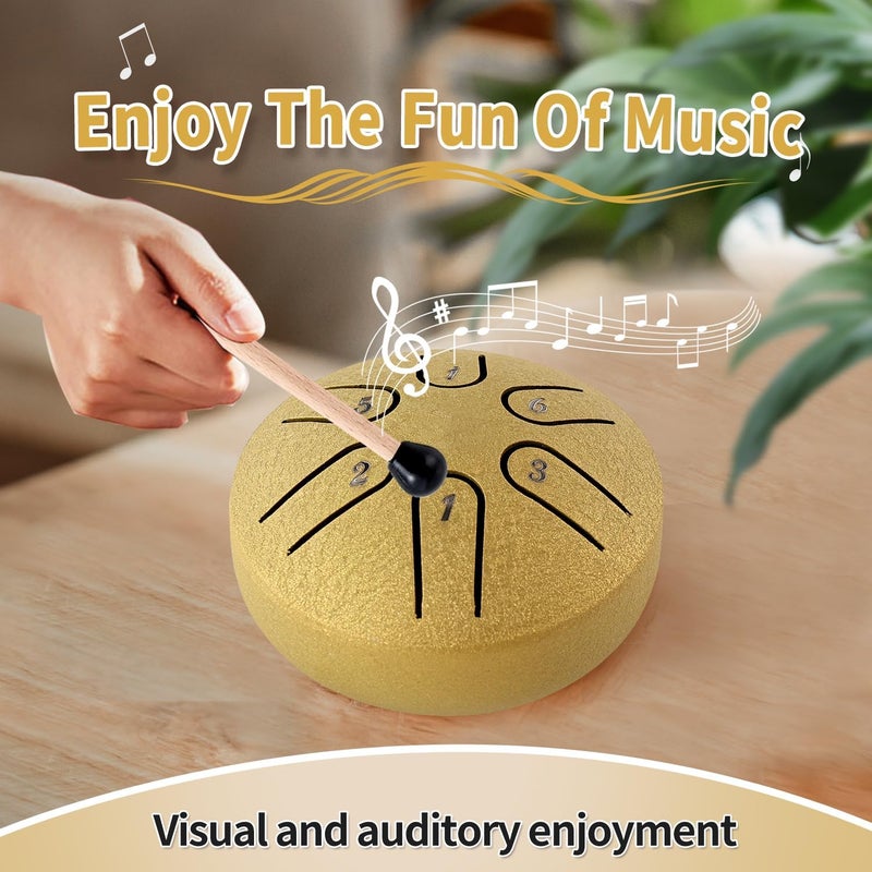 Yahpetes Steel Tongue Drum Musical Percussion Instrument Metal Rain Drum for Outside 3 Inch 6 Notes C-Key for Meditation Yoga Education Percussion with Bag, Music Book, Mallets (3"6 tone, Gold) - Image 5